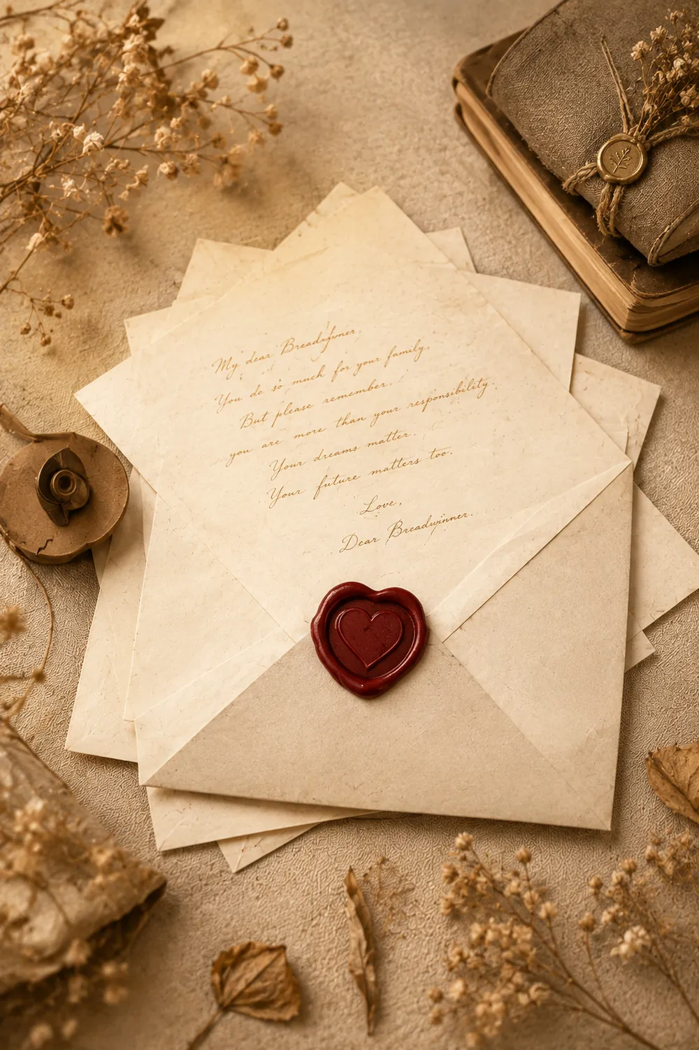 A handwritten letter that begins My dear Breadwinner, sealed with a red wax heart