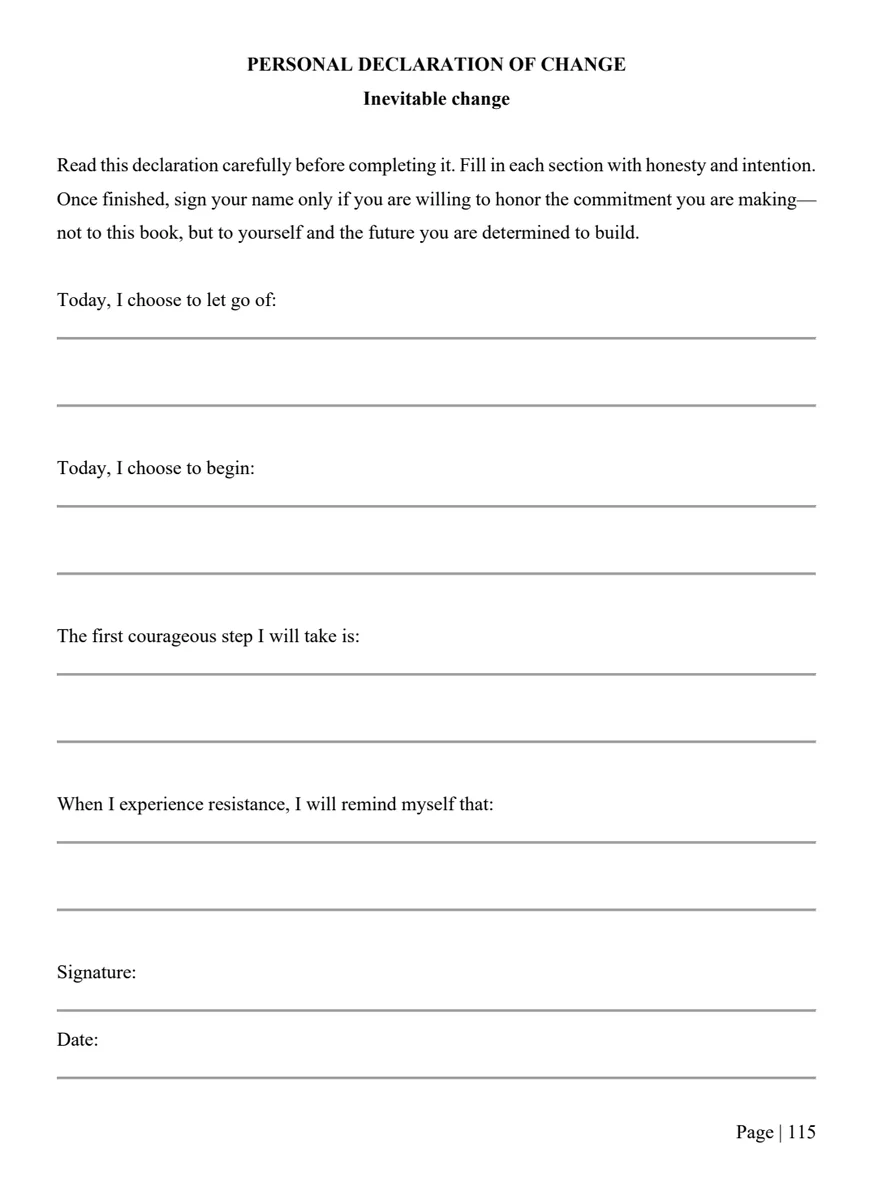 Page 115: the Personal Declaration of Change, with spaces to write
